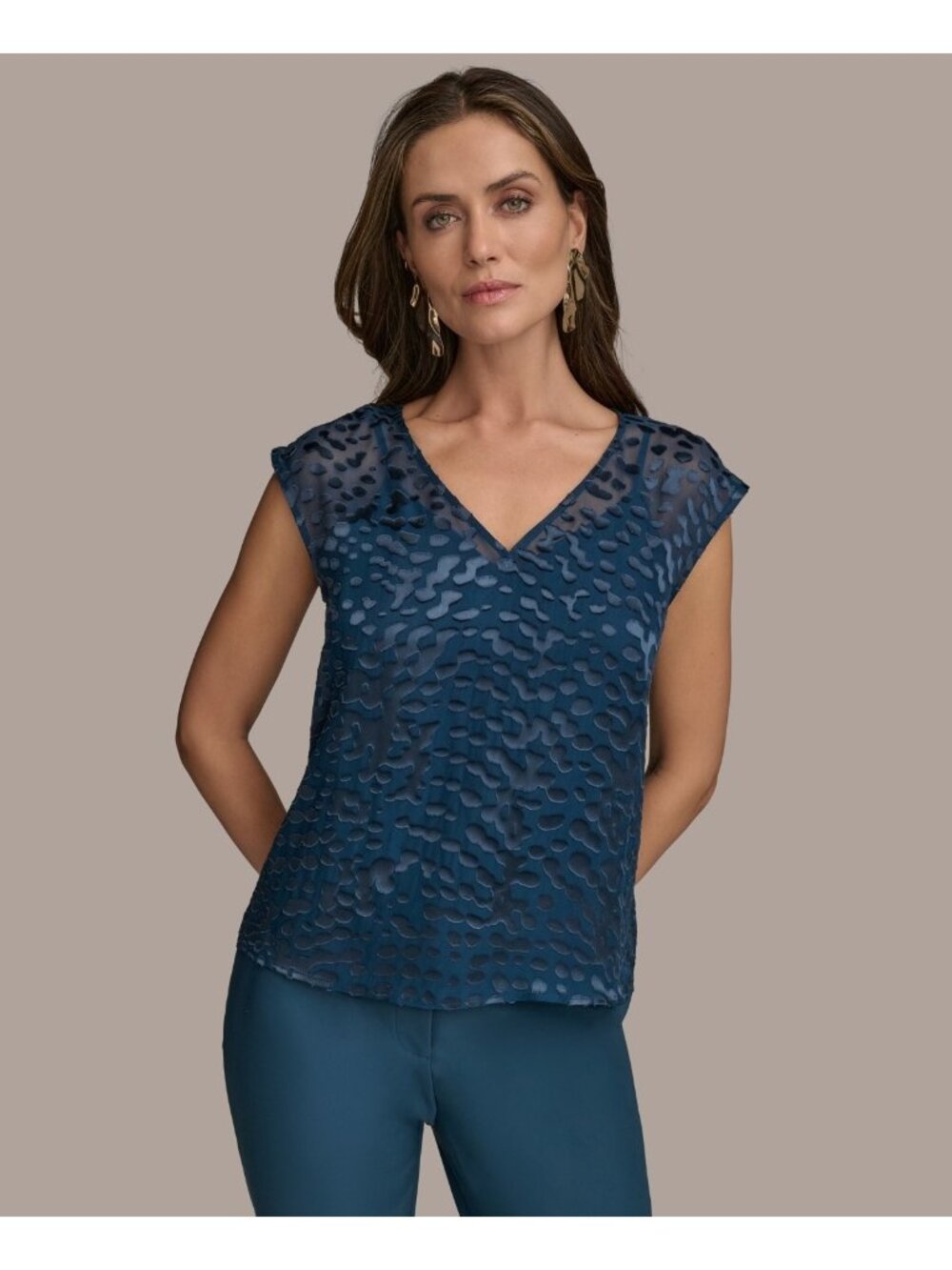 Donna Karan New York Women Cap-Sleeve Silk-Blend Burnout Blouse Blue Size L $129